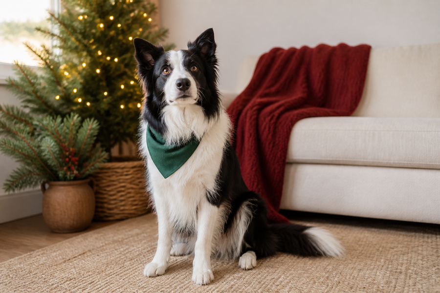 A relaxed dog posing in a simple home holiday scene for a Christmas card photo