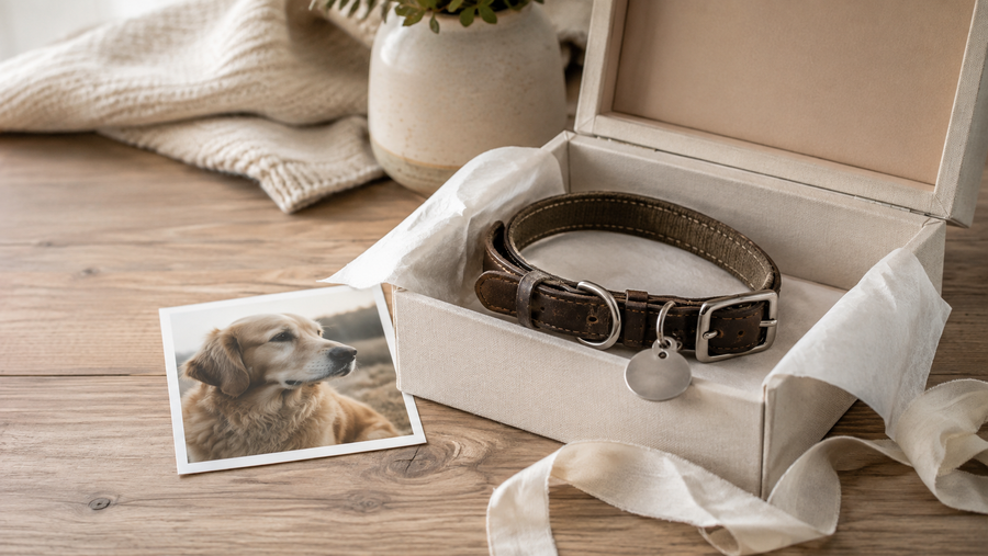 A well-loved dog collar and tag beside a photograph in a simple preservation-minded memory box
