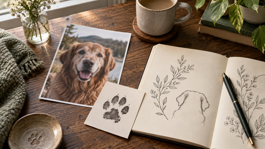 A thoughtful memorial tattoo planning desk with a dog photo, paw-print card, sketchbook, and botanical line drawings