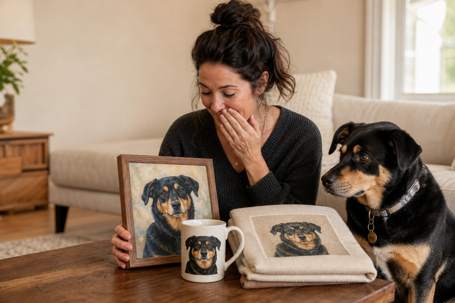 A woman opening a thoughtful group of personalized gifts featuring her own dog