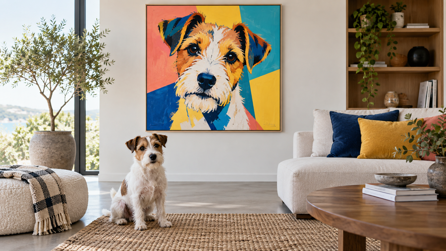 A bright contemporary dog pop art portrait displayed in a modern living room, with a terrier sitting nearby and bold color blocks in the artwork