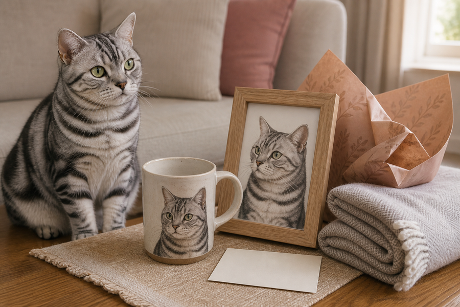 A tasteful cat lover gift arrangement with a cat portrait mug framed cat art soft throw and simple paper wrapping