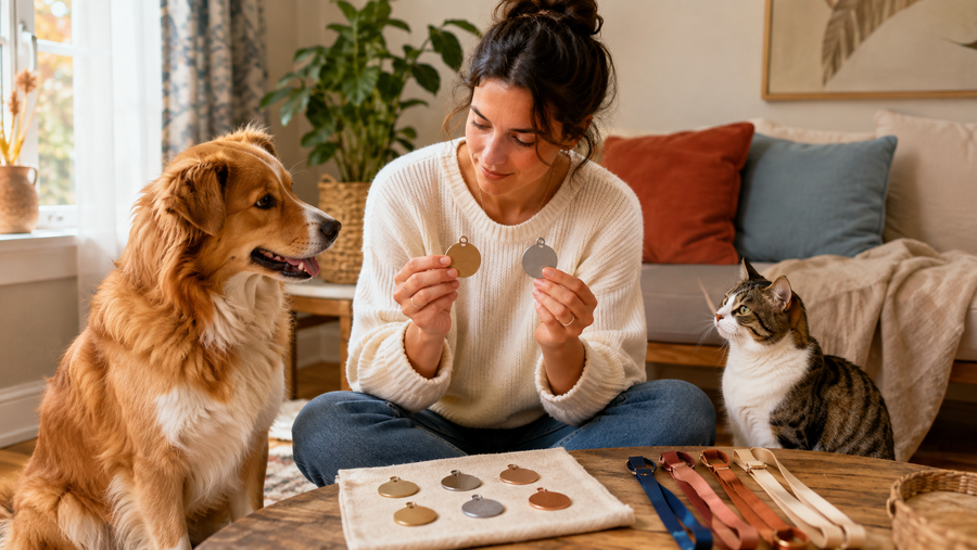 An owner choosing among blank pet tags while a relaxed dog and cat sit nearby