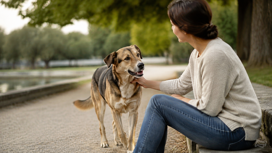 A relaxed dog choosing to approach a seated adult for a gentle shoulder stroke