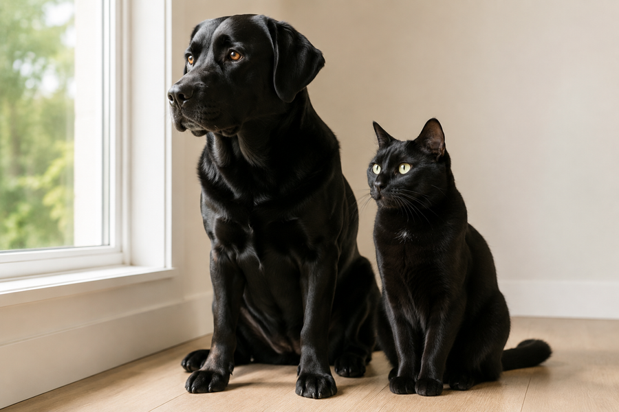 A black Labrador and black cat photographed in soft window light with bright catchlights and visible natural coat texture