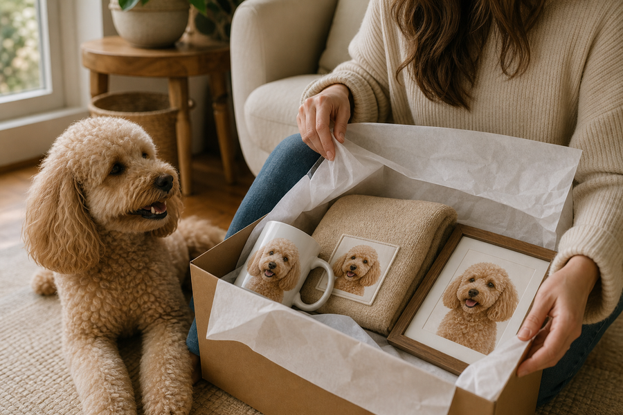 Pet parent opening a thoughtful group of personalized pet photo gifts