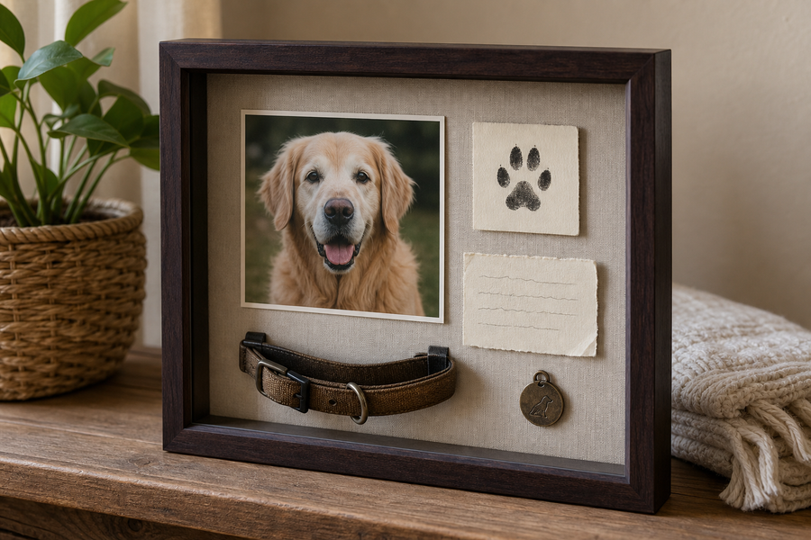 A respectful pet memorial shadow box displaying a dog collar, tag, paw print, photograph, and handwritten note