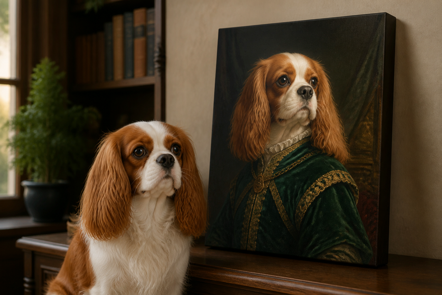 Cavalier King Charles Spaniel beside a Renaissance-inspired royal dog portrait