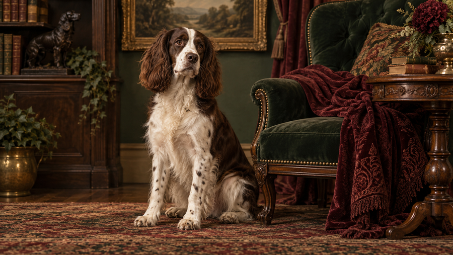 Brown and white spaniel seated in a Victorian-inspired room with dark green velvet, burgundy drapery, carved wood, and warm portrait lighting