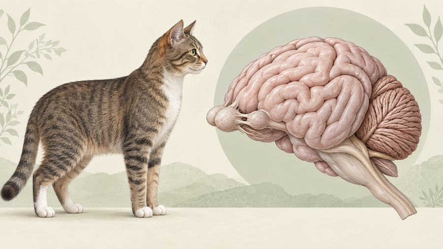 A clear veterinary educational illustration of a domestic cat in profile beside a labeled-style cutaway view of the feline brain without text