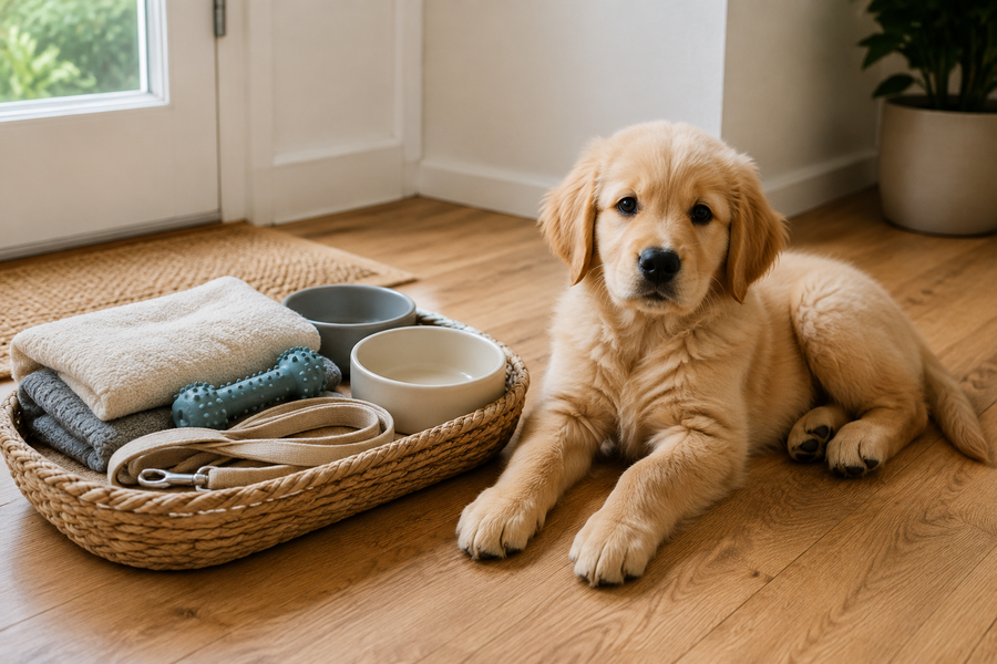 A new golden retriever puppy resting in a tidy home beside a simple starter basket with bowls, leash, toy, and folded bedding