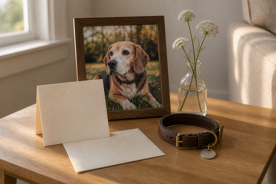 A handwritten condolence card beside a framed pet photo and a small vase in a quiet home