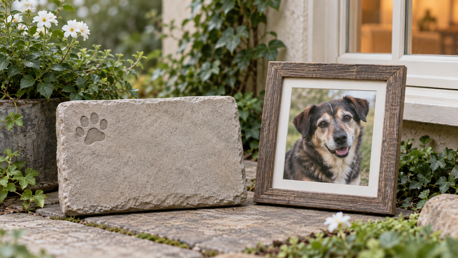 A simple stone pet memorial plaque with a paw motif beside a framed pet photo and small garden flowers