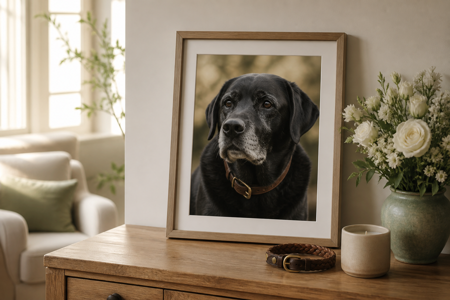 Framed portrait of a senior black Labrador in a peaceful remembrance corner