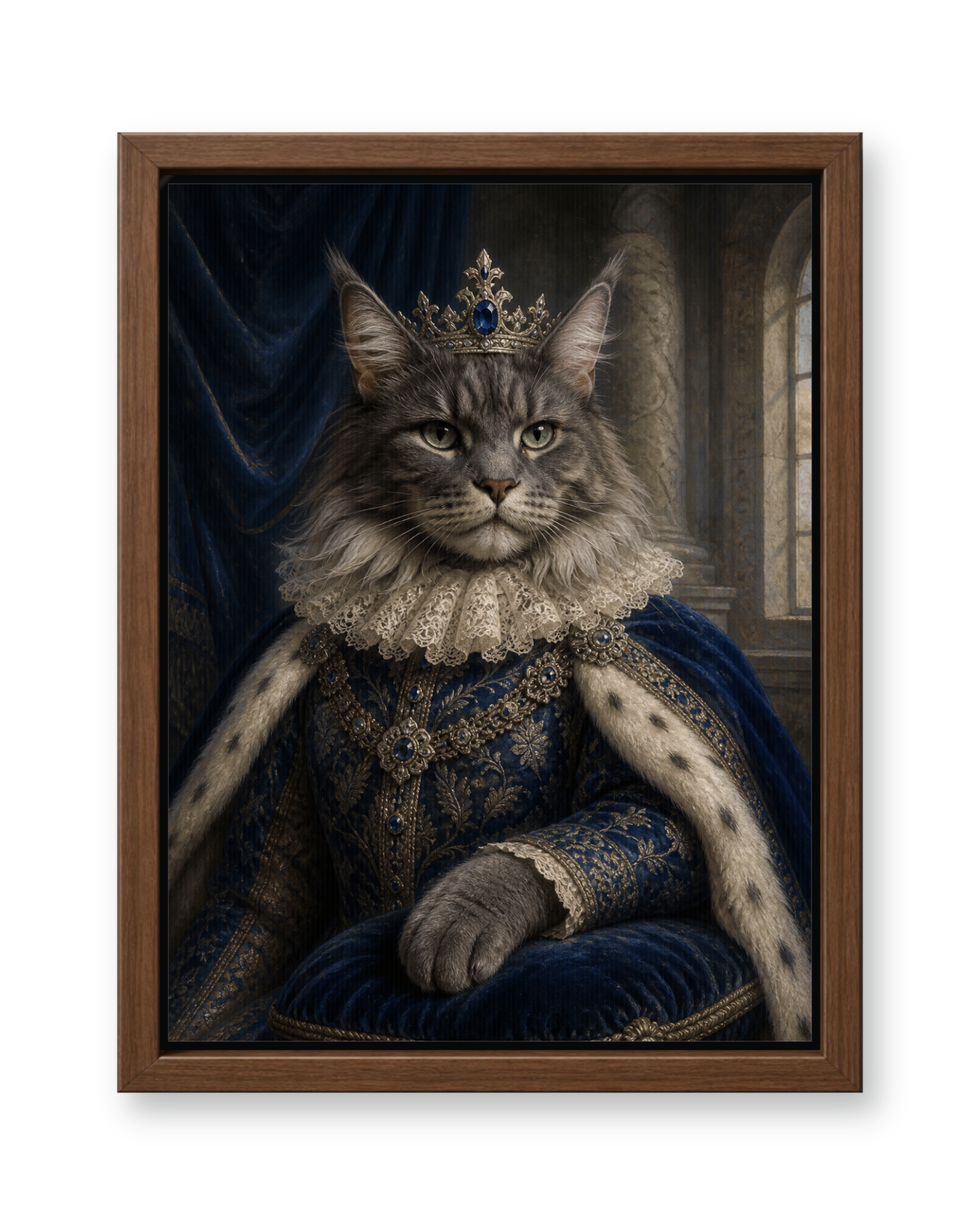 The Sapphire Sovereign Custom Pet Canvas - Walnut Frame
