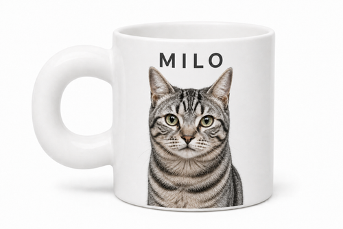 Personalized Chubby Mug with Milo gray tabby cat portrait