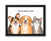 Classic Watercolor – 3 Pets Custom Pet Canvas — black frame