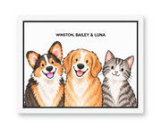 Classic Watercolor – 3 Pets Custom Pet Canvas — white frame