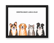 Classic Watercolor – 4 Pets Custom Pet Canvas — black frame