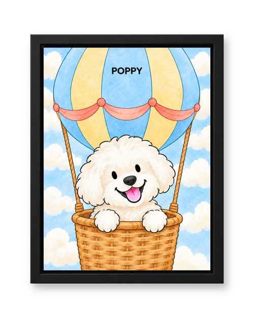 Cloud Balloon Watercolor Custom Pet Canvas — black frame