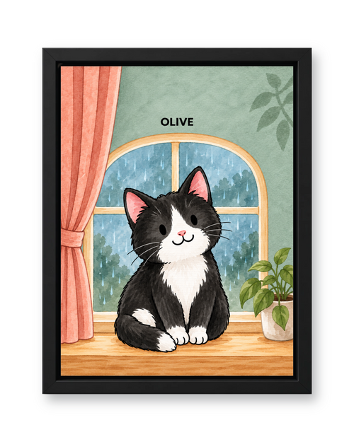 Cozy Rainy Window Watercolor Custom Pet Canvas — black frame