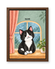 Cozy Rainy Window Watercolor Custom Pet Canvas — walnut frame