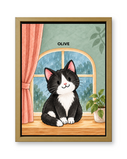 Cozy Rainy Window Watercolor Custom Pet Canvas — gold frame