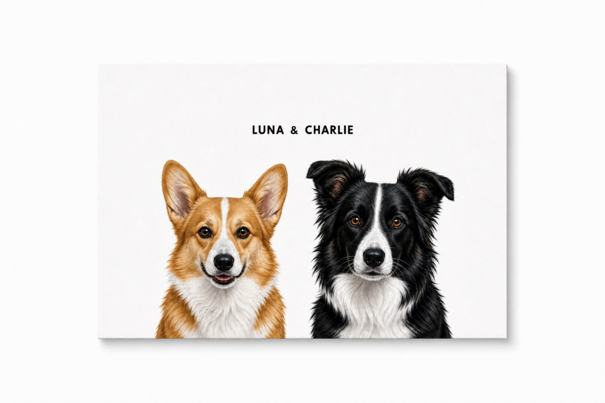 Unframed Art Print of a corgi and black-and-white dog on white