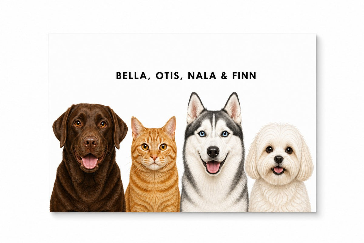 Unframed four-pet Art Print of three dogs and an orange tabby on white