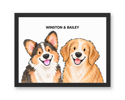 Classic Watercolor – 2 Pets Custom Art Print — black frame