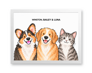 Classic Watercolor – 3 Pets Custom Art Print — white frame