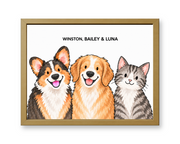 Classic Watercolor – 3 Pets Custom Art Print — gold frame