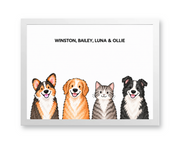 Classic Watercolor – 4 Pets Custom Art Print — white frame