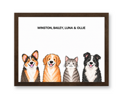 Classic Watercolor – 4 Pets Custom Art Print — walnut frame