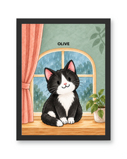 Cozy Rainy Window Watercolor Custom Art Print — black frame