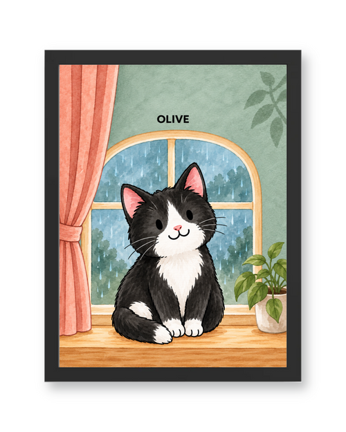 Cozy Rainy Window Watercolor Custom Art Print — black frame