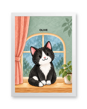 Cozy Rainy Window Watercolor Custom Art Print — white frame