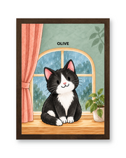 Cozy Rainy Window Watercolor Custom Art Print — walnut frame