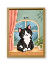 Cozy Rainy Window Watercolor Custom Art Print — gold frame