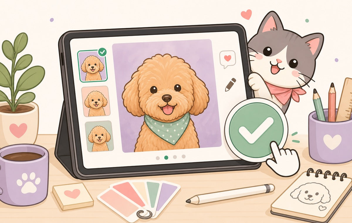 Illustration of reviewing custom pet artwork