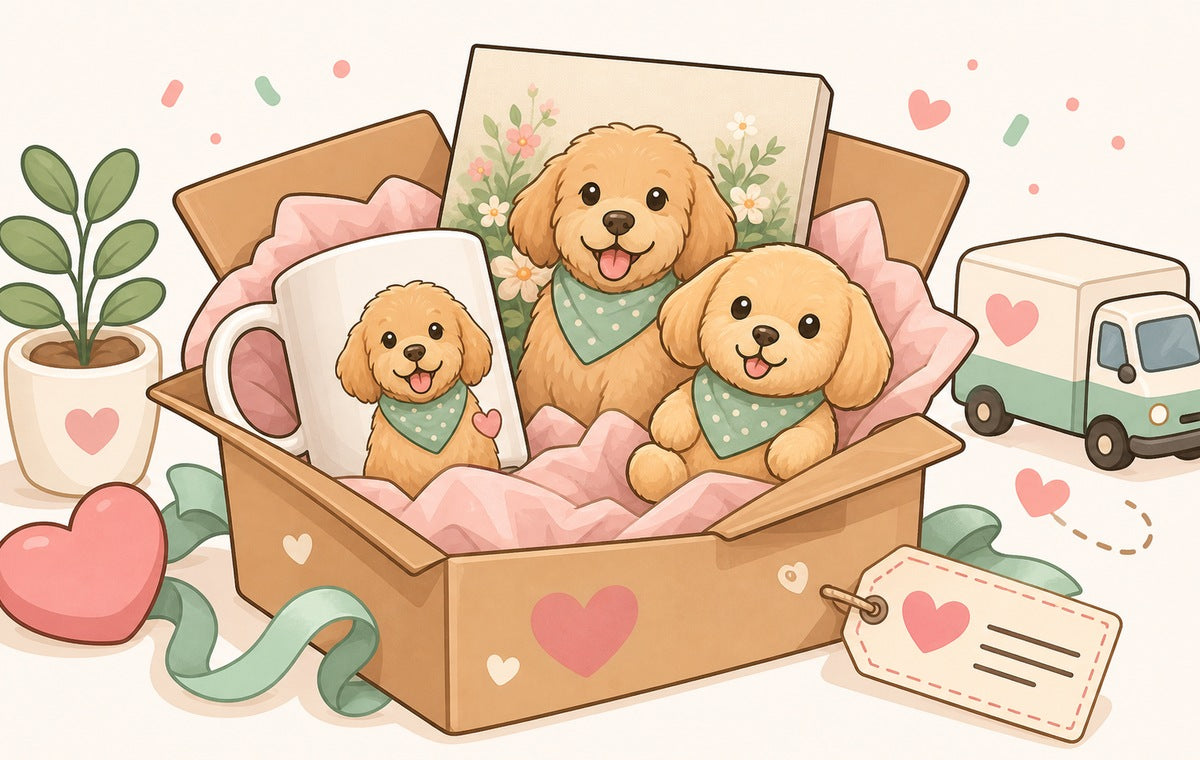 Illustration of a custom pet gift being packed and shipped