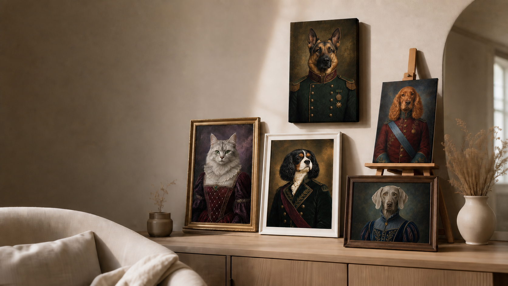 Gallery of custom royal pet canvas portraits