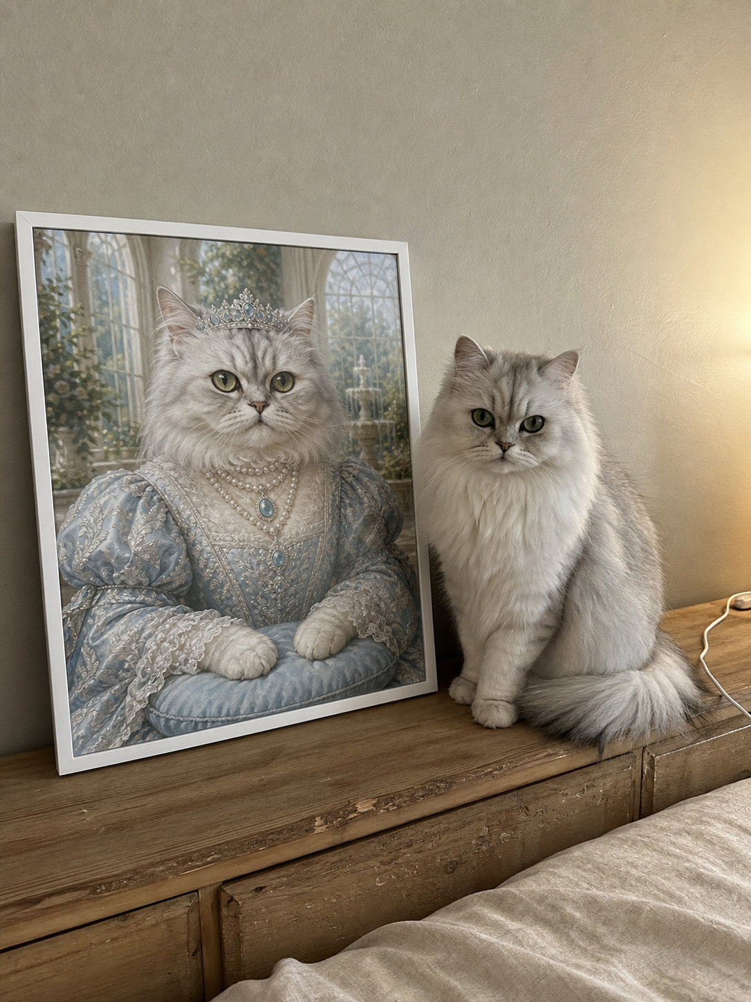 Custom silver cat Art Print in a white frame beside the real cat