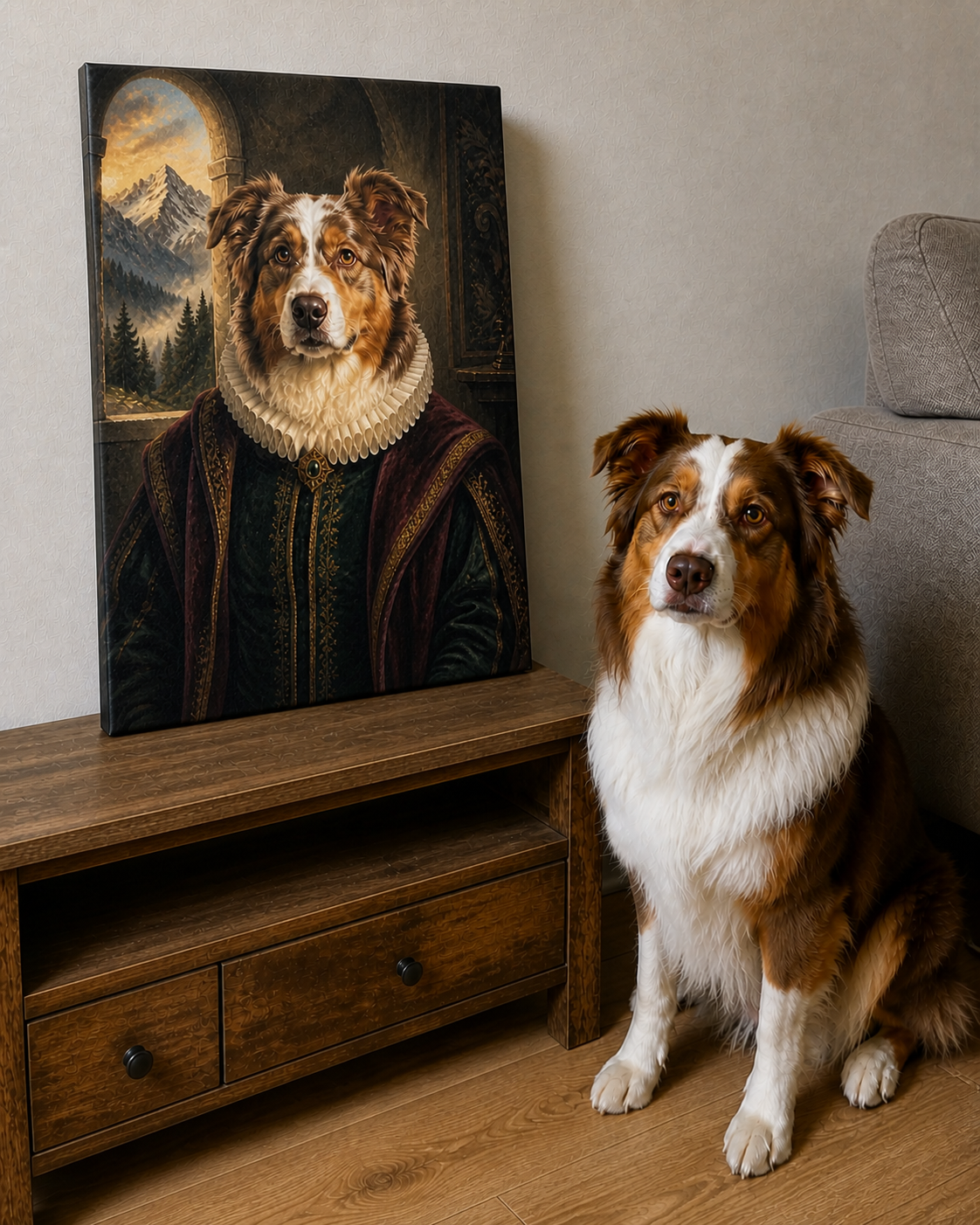 Custom border collie Canvas beside the real dog