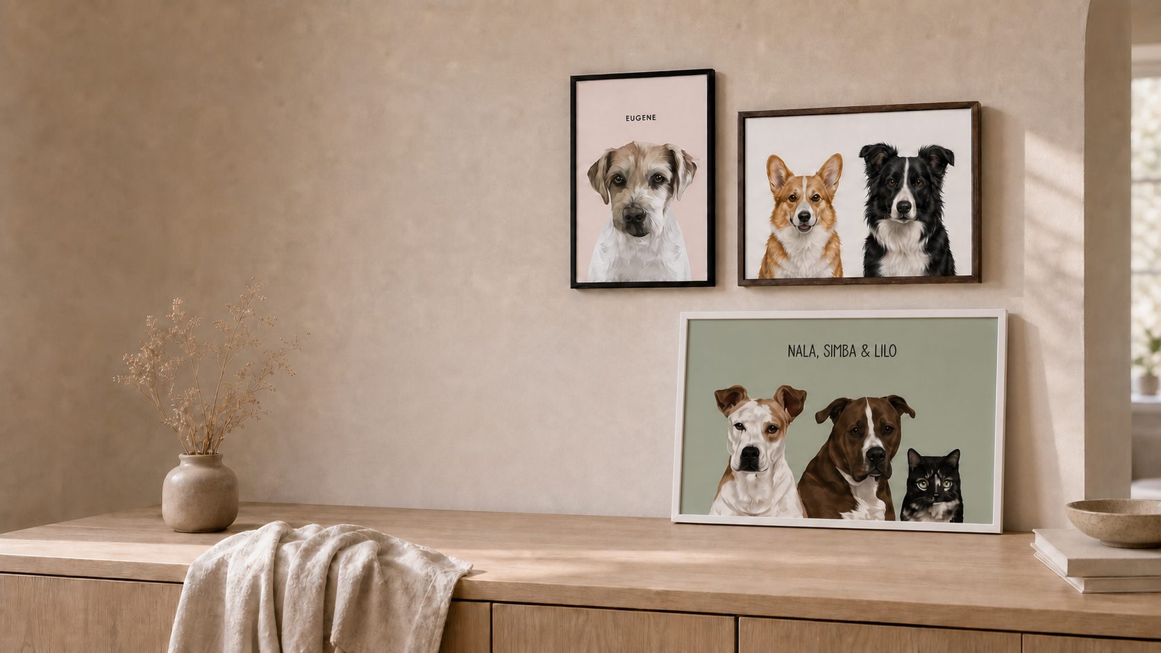 Modern custom art prints displayed in a bright home gallery