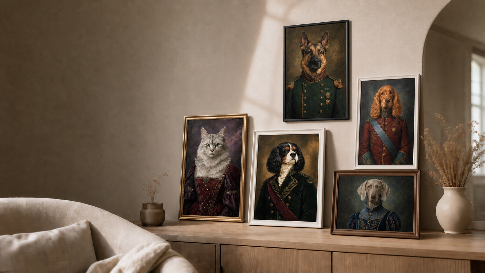 Framed royal custom art prints displayed in a warm home gallery