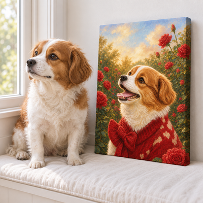 Dog beside its Rose Garden custom pet canvas on a window seat