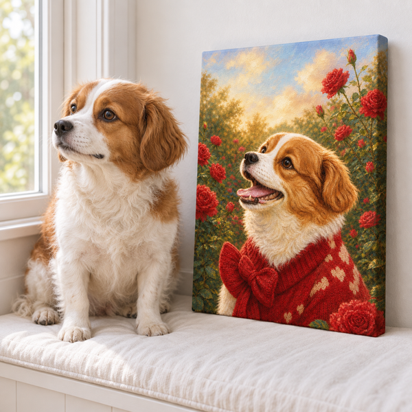 Dog beside its Rose Garden canvas portrait