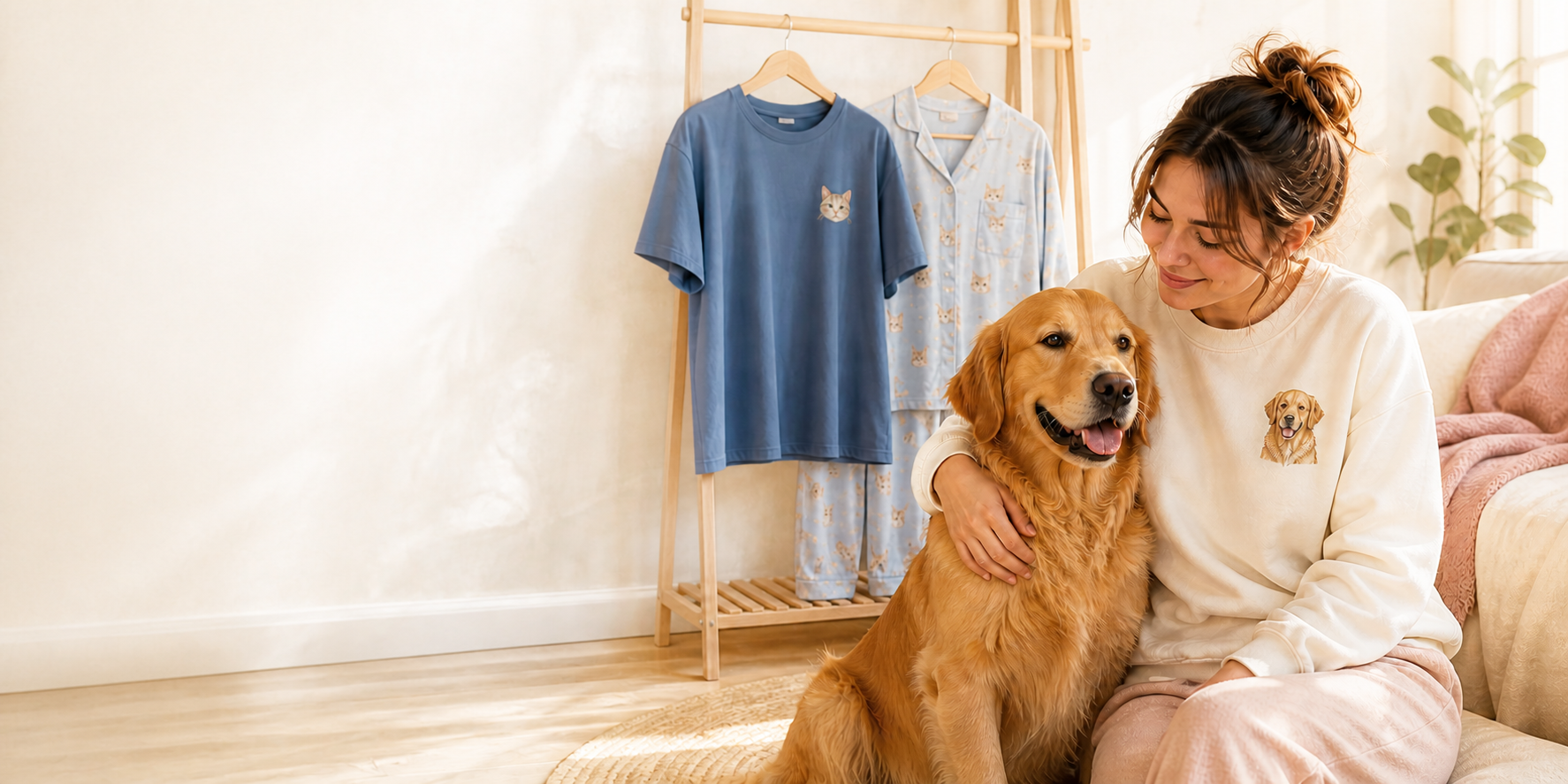 Custom pet T-shirt and long-sleeve pajama top displayed on wooden hangers
