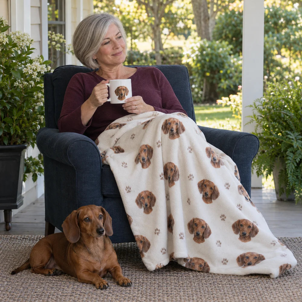 A personalized dog mug and blanket used during a quiet porch break